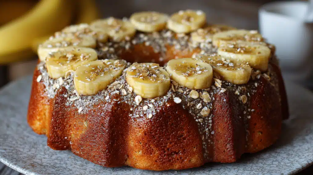 gateau bananes flocons d avoine doré et garni de rondelles
