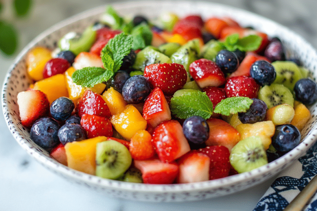 salade de fruits d’été avec fraises, myrtilles, kiwi, pêches et menthe fraîche