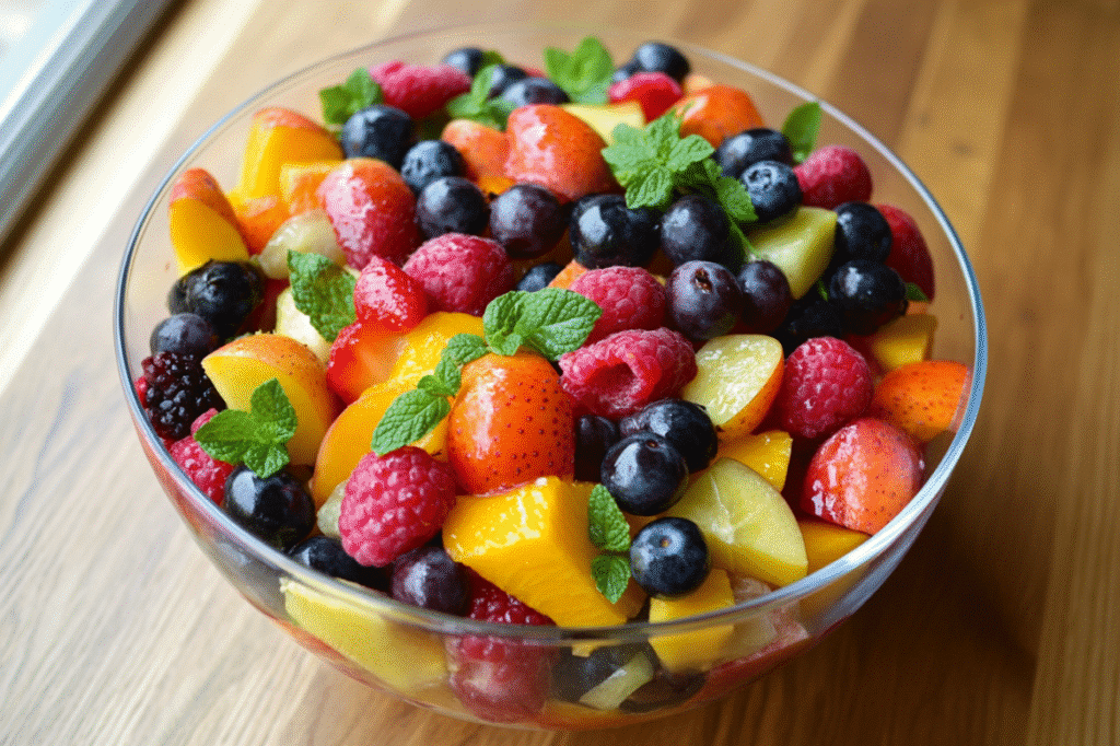 salade de fruits d’été servie dans un grand saladier avec fraises, myrtilles, nectarines et menthe