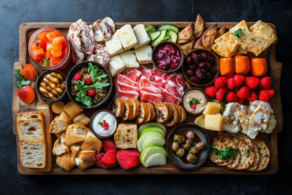 plateau apéro dinatoire avec fromages, charcuteries, légumes et fruits