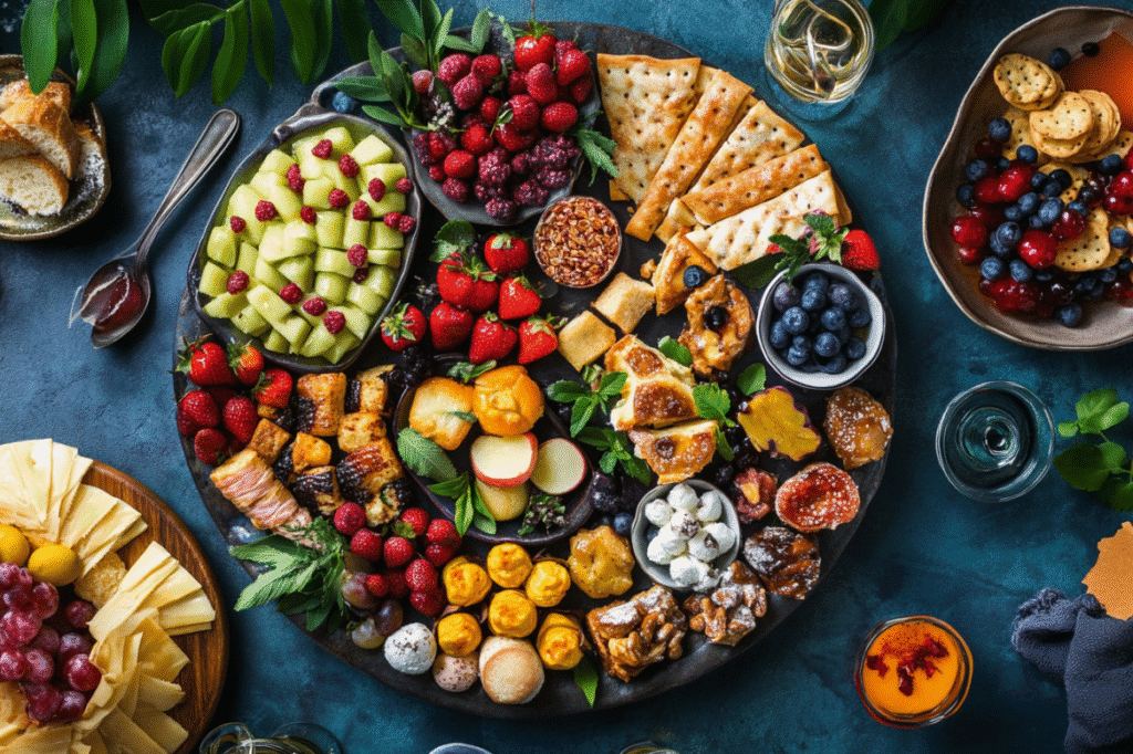plateau apéro dinatoire sucré avec fruits frais, fromages et douceurs