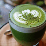 matcha latte recette servie dans une tasse artisanale avec cookies