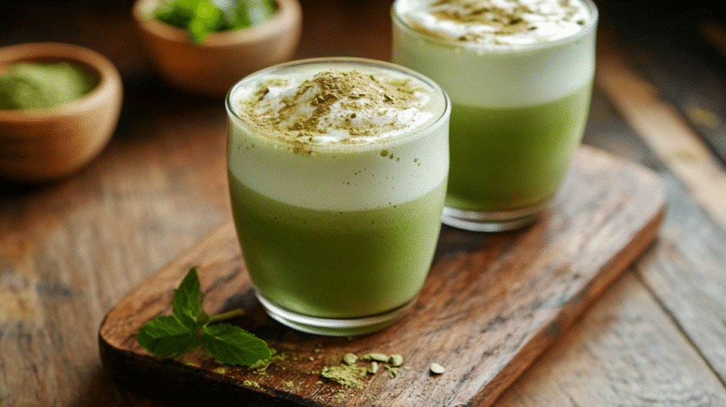 recette matcha latte glacée dans un verre avec mousse onctueuse
