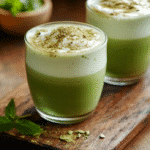 recette matcha latte glacée dans un verre avec mousse onctueuse