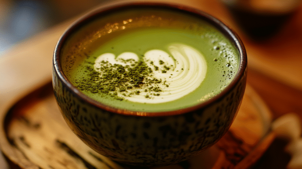 recette matcha dans un bol avec mousse fouettée et poudre de matcha