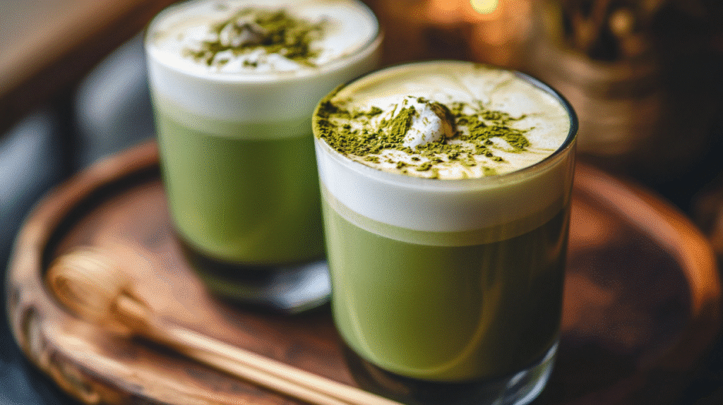 recette matcha latte mousseux dans un verre avec crème végétale
