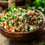 taboulet recette maison avec semoule, tomates, concombre et herbes fraîches