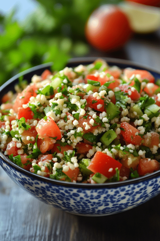 taboulet recette colorée avec persil, tomate, concombre et semoule dans un bol bleu