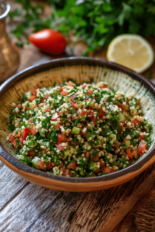 taboulet recette maison dans un bol rustique avec persil, tomates et citron