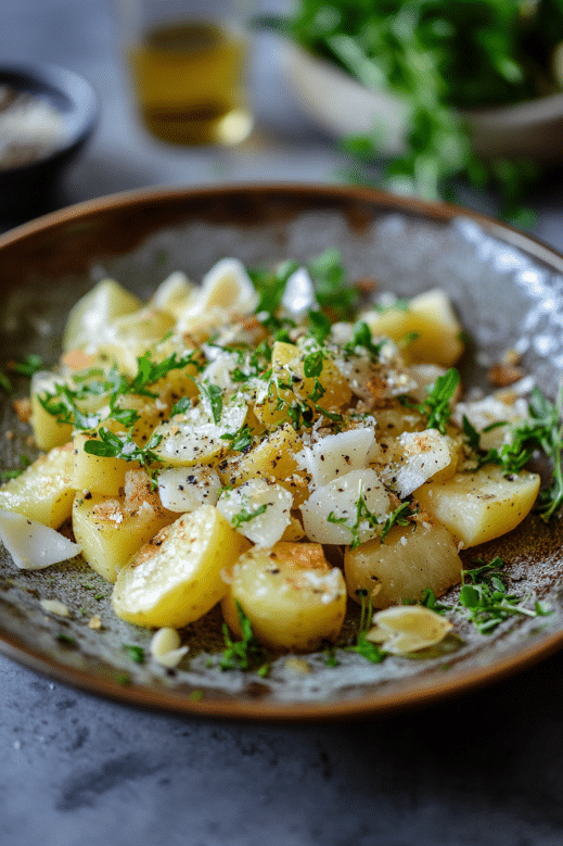 ingrédients de la salade de pomme de terre avec oignons blancs et herbes fraîches