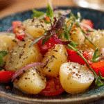 salade pomme de terre aux tomates cerises et roquette, assaisonnée aux herbes