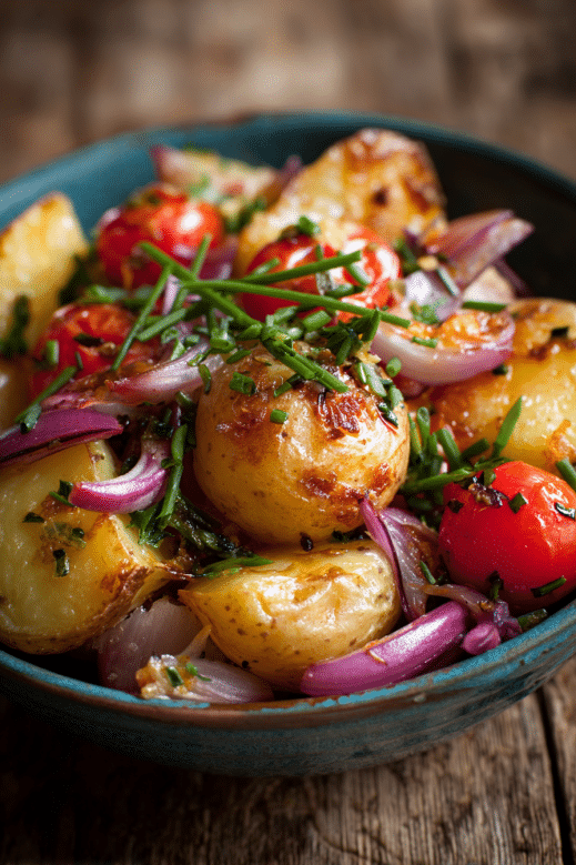 salade pomme de terre chaude avec oignons rouges, tomates cerises et ciboulette