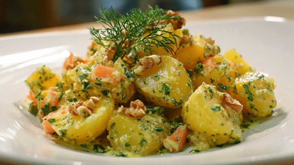 salade de pomme de terre grand-mère avec carottes, noix et herbes fraîches