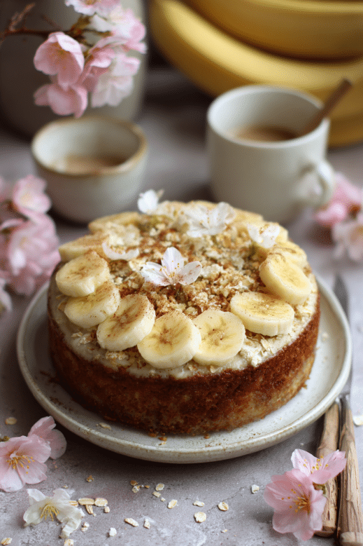 gâteau bananes flocons d avoine joliment présenté avec fleurs