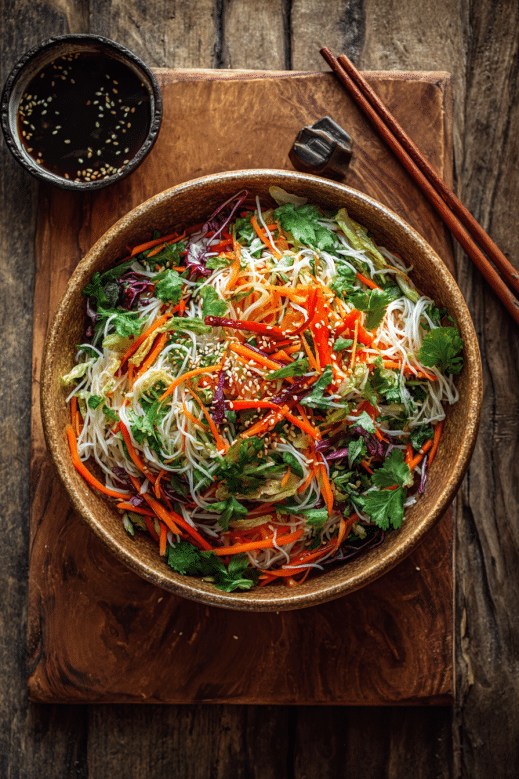 salade chinoise aux vermicelles de riz, légumes et sauce soja