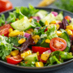 salade composée été servie dans une assiette colorée avec maïs, tomates et concombres
