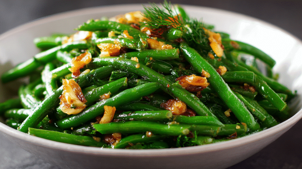 Salade de haricots verts à l’italienne sur table rustique