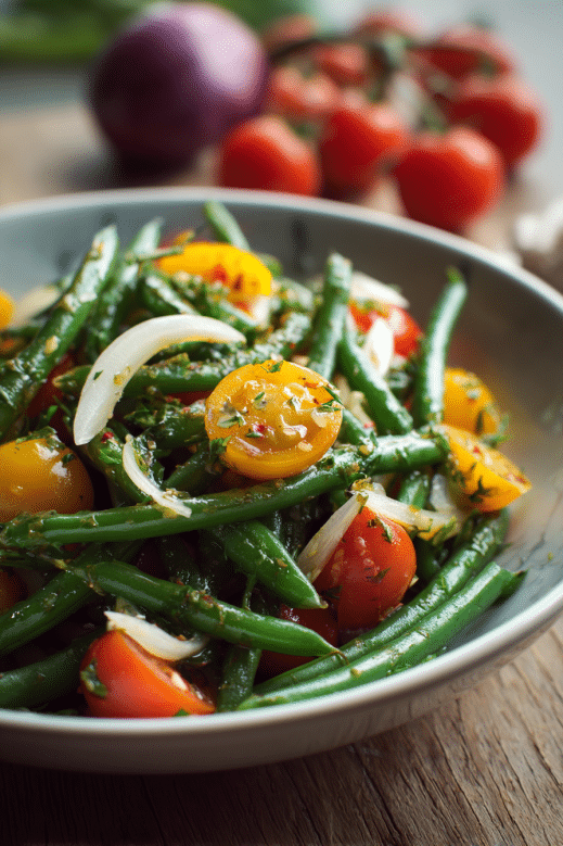 Salade de haricots verts à l’italienne avec tomates cerises et oignons