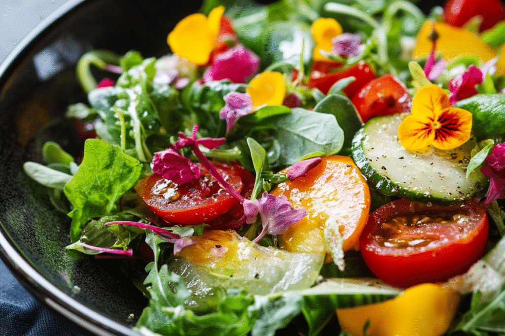 salade composée été avec fleurs comestibles, tomates colorées et concombres