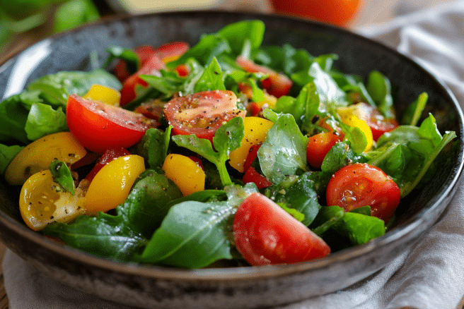 salade composée été avec roquette, tomates cerises rouges et jaunes