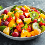 salade de fruits d’été fraîche avec kiwi, fraises, pêches et menthe