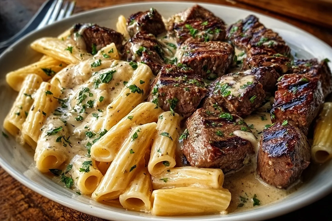 Bite-sized Steak with Garlic Butter and Penne in a Mozzarella Sauce 2 Bite-sized Steak with Garlic Butter and Penne in a Mozzarella Sauce