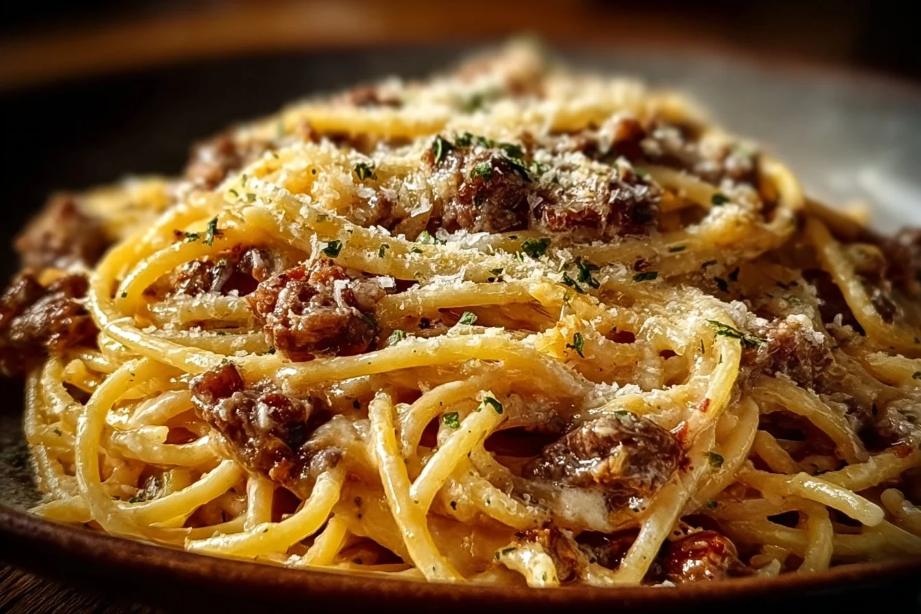 Spaghetti crémeux à l'ail et au beurre avec du bœuf parmesan 2 Spaghetti crémeux à l'ail et au beurre avec du bœuf parmesan